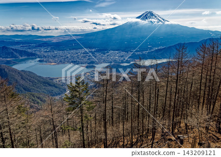 從禦坂山脈的中富士山眺望富士山和河口湖。 從禦坂山脈的中富士山眺望富士山和河口湖。 143209121