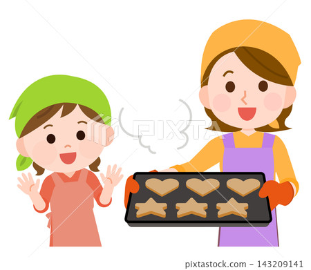 Cookie Making 3: Parent and child taking baked cookies out of the oven (illustration) 143209141