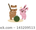 A bear and a rabbit playing watermelon smashing. 143209513
