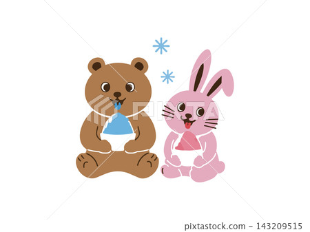 A bear and a rabbit eating shaved ice 143209515