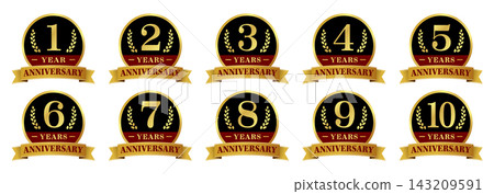 Premium Anniversary Badge Icon Set (1st to 10th Anniversary) Gold Anniversary Design Premium Anniversary Badge Icon Set (1st to 10th Anniversary) Gold Anniversary Design 143209591