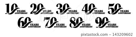 Simple anniversary logo set for 10th to 90th anniversaries: Monochrome anniversary designs Simple anniversary logo set for 10th to 90th anniversaries: Monochrome anniversary designs 143209602