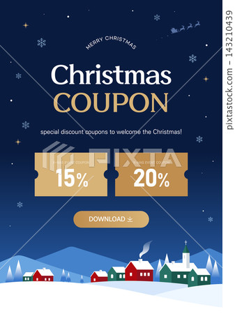 Merry Christmas Discount Coupon Banner Template with Winter Village Illustration Merry Christmas Discount Coupon Banner Template with Winter Village Illustration 143210439
