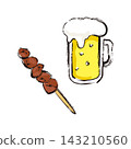 An illustration of draft beer and grilled chicken liver skewers. 143210560