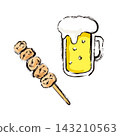 An illustration of draft beer and chicken thigh skewers. 143210563