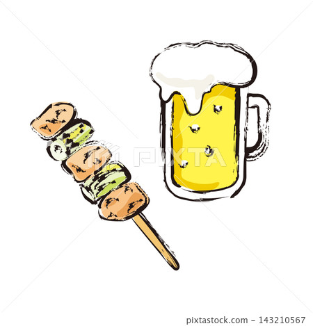 圖中展示了生啤酒和烤雞肉串(配蔥花)。 圖中展示了生啤酒和烤雞肉串(配蔥花)。 143210567