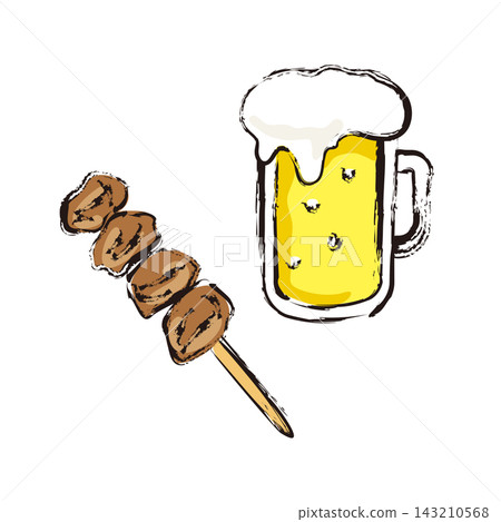 Illustration of draft beer and grilled chicken heart skewers Illustration of draft beer and grilled chicken heart skewers 143210568