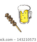 An illustration of draft beer and chicken gizzard skewers. 143210573