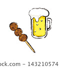 An illustration of draft beer and chicken meatballs on a skewer. 143210574