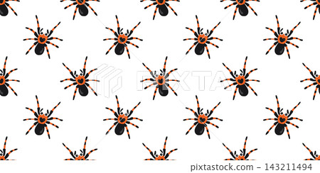 Seamless Halloween pattern with cute black and orange tarantula spiders on white background Seamless Halloween pattern with cute black and orange tarantula spiders on white background 143211494
