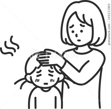 母親照顧發燒女兒的插圖（僅限線條畫） 143211903