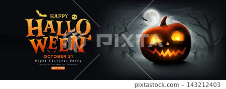 Happy Halloween text, pumpkins spooky scary, moonnight, banner design on black background 143212403
