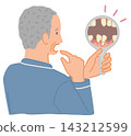 An illustration of a senior man's oral health problems, showing him surprise at the number of teeth he has lost. 143212599
