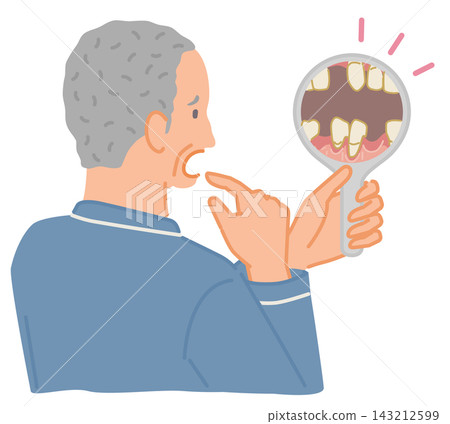 一幅描繪一位老年男子口腔健康問題的插圖，圖中他驚訝地發現自己掉了那麼多牙齒。 143212599