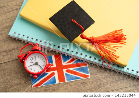Time to learn English language, book with uk flag. Time to learn English language, book with uk flag. 143213044