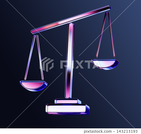 Glass scales 3d icon on dark background in pink and blue neon light. Libra zodiac sign. Holographic symbol of justice, law, balance, equality, business judgment and decision making. 3D illustration Glass scales 3d icon on dark background in pink and blue neon light. Libra zodiac sign. Holographic symbol of justice, law, balance, equality, business judgment and decision making. 3D illustration 143213193