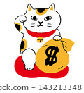A beckoning cat holding a money bag 143213348