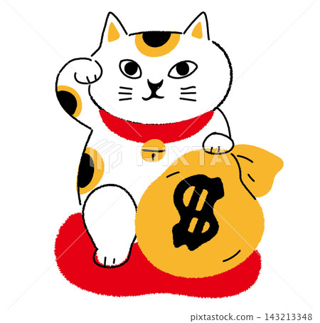 A beckoning cat holding a money bag A beckoning cat holding a money bag 143213348