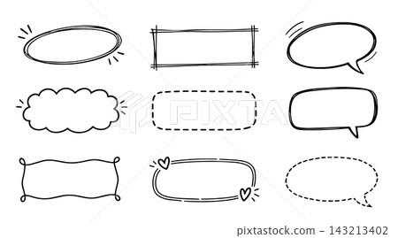 Hand drawn decorative frame and label collection with oval, rectangular, cloud, speech bubble and dashed border designs, isolated on white background. Hand drawn decorative frame and label collection with oval, rectangular, cloud, speech bubble and dashed border designs, isolated on white background. 143213402