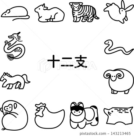 一組可愛的單色插圖,描繪了中國十二生肖動物。 一組可愛的單色插圖,描繪了中國十二生肖動物。 143213465