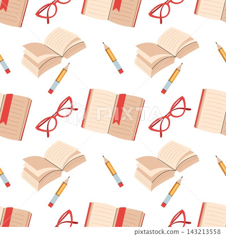 Seamless pattern with open books pencils and eyeglasses back to school backgroun Seamless pattern with open books pencils and eyeglasses back to school backgroun 143213558