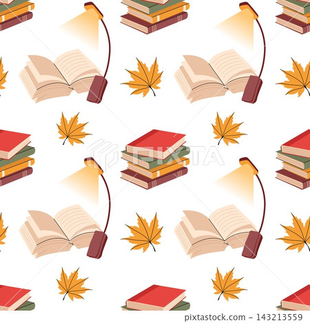 Cozy autumn reading seamless pattern with books reading lamp and maple leave Cozy autumn reading seamless pattern with books reading lamp and maple leave 143213559