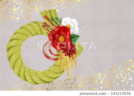 Illustration material for New Year's cards featuring a red and white camellia flower shimenawa decoration and a gold leaf background. 143213636