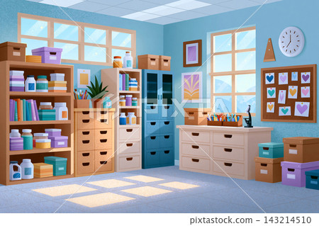 bright classroom prepared for creative lessons with organized craft materials, storage units and presentation board, commercial stock illustration, no people bright classroom prepared for creative lessons with organized craft materials, storage units and presentation board, commercial stock illustration, no people 143214510