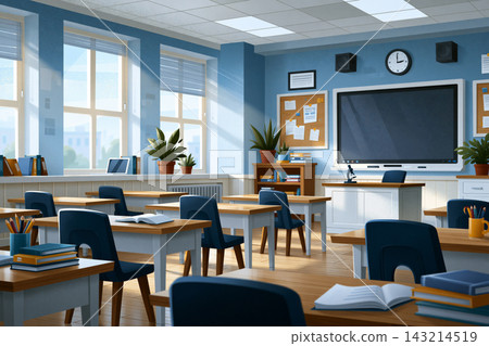 bright teacher classroom with interactive digital screen, organized desks, school supplies and natural sunlight, clean , no people bright teacher classroom with interactive digital screen, organized desks, school supplies and natural sunlight, clean , no people 143214519