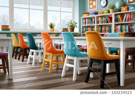 cheerful classroom with colorful chairs, neatly aligned desks and organized classroom librarybright modern aesthetic, no people cheerful classroom with colorful chairs, neatly aligned desks and organized classroom librarybright modern aesthetic, no people 143214523