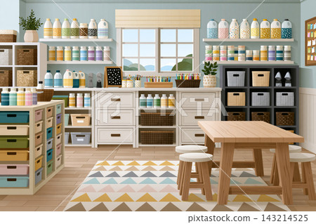 clean classroom with organized art supplies, storage shelves and creative learning areabright welcoming atmosphere, no people 143214525