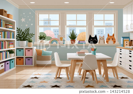 clean contemporary classroom featuring organized learning stations, reading corner, storage bins and educational materials, soft pastel palette, no people clean contemporary classroom featuring organized learning stations, reading corner, storage bins and educational materials, soft pastel palette, no people 143214528