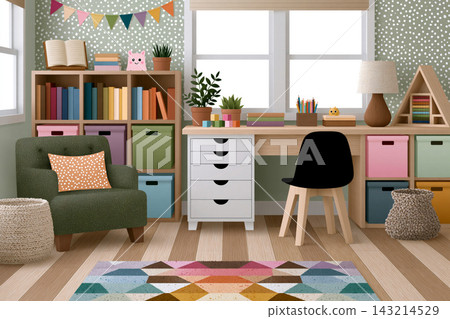 clean contemporary classroom featuring organized learning stations, reading corner, storage bins and educational materials, soft pastel palette, no people clean contemporary classroom featuring organized learning stations, reading corner, storage bins and educational materials, soft pastel palette, no people 143214529
