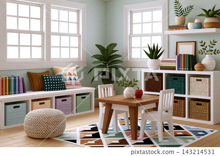 clean contemporary classroom featuring organized learning stations, reading corner, storage bins and educational materials, soft pastel palette, no people clean contemporary classroom featuring organized learning stations, reading corner, storage bins and educational materials, soft pastel palette, no people 143214531