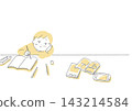 An illustration of a child who can't concentrate on studying and wants to read comics or play games. 143214584