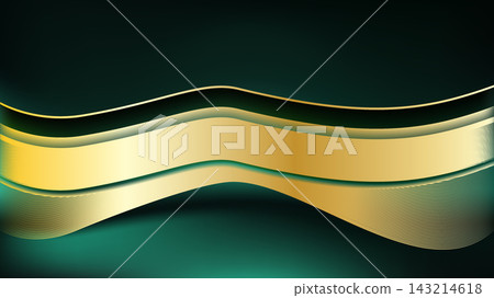 Elegant dark green abstract background featuring wavy golden ribbon layers with fine line textures and copy space. Perfect for luxury branding, VIP invitation cards, and corporate presentation banners 143214618