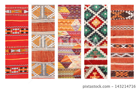 Set of vertical or horizontal banners with textures of berber traditional wool carpet with geometric pattern, Morocco, Africa. Handmade carpets collection. Oriental wool rugs with intricate designs Set of vertical or horizontal banners with textures of berber traditional wool carpet with geometric pattern, Morocco, Africa. Handmade carpets collection. Oriental wool rugs with intricate designs 143214716