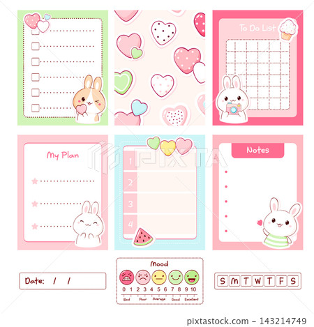 Kawaii bunny planner, notepad template collection. Cute vector kit of daily agendas, to-do list, checklist, notes, sticker. Perfect set for stationery design, bullet journal, printable organizer Kawaii bunny planner, notepad template collection. Cute vector kit of daily agendas, to-do list, checklist, notes, sticker. Perfect set for stationery design, bullet journal, printable organizer 143214749