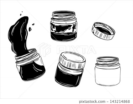 Hand drawn set of gouache paint jars with splashing paint. Monochrome black and white ink illustration, vintage line art style, isolated on white. Great for logos, labels, cards and packaging. Hand drawn set of gouache paint jars with splashing paint. Monochrome black and white ink illustration, vintage line art style, isolated on white. Great for logos, labels, cards and packaging. 143214868