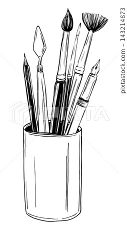 Hand drawn cup with paint brushes, palette knife, pen and pencil. Monochrome black and white ink illustration, vintage line art style, isolated on white. Great for logos, labels and cards. Hand drawn cup with paint brushes, palette knife, pen and pencil. Monochrome black and white ink illustration, vintage line art style, isolated on white. Great for logos, labels and cards. 143214873