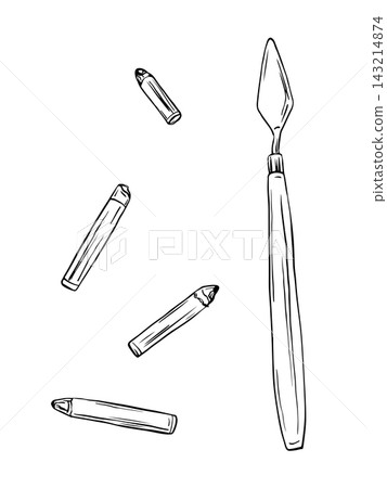 Hand drawn palette knife with oil pastels or wax crayons. Monochrome black and white ink illustration, vintage line art style, isolated on white. Great for logos, labels, cards and packaging. 143214874