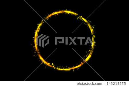 A circular frame material that shines with a golden light against a black background. A circular frame material that shines with a golden light against a black background. 143215255