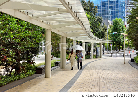 一對情侶走過濱松町站新建的人行天橋,抬頭望著單軌列車。 一對情侶走過濱松町站新建的人行天橋,抬頭望著單軌列車。 143215510