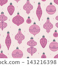 Pink Christmas baubles seamless pattern. Cute winter holidays background. 143216398