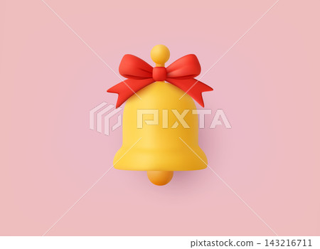 Bright 3D Christmas bell with red ribbon on soft pink background. Perfect for festive promotions, seasonal greeting cards and holiday marketing materials. 3D vector web illustration. 143216711