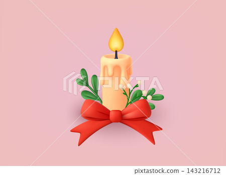 Warm 3D Christmas candle with red bow and green branches, glowing on pink background. Ideal for winter greeting cards, festive branding and holiday marketing designs. 3D vector illustration. Warm 3D Christmas candle with red bow and green branches, glowing on pink background. Ideal for winter greeting cards, festive branding and holiday marketing designs. 3D vector illustration. 143216712