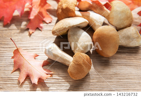 Fresh porcini mushrooms and autumn oak leaves on wood Fresh porcini mushrooms and autumn oak leaves on wood 143216732