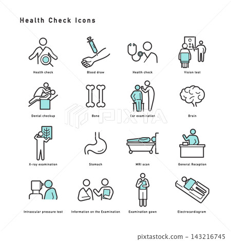 A set of color icons related to health checkups and the various items examined during them. A set of color icons related to health checkups and the various items examined during them. 143216745