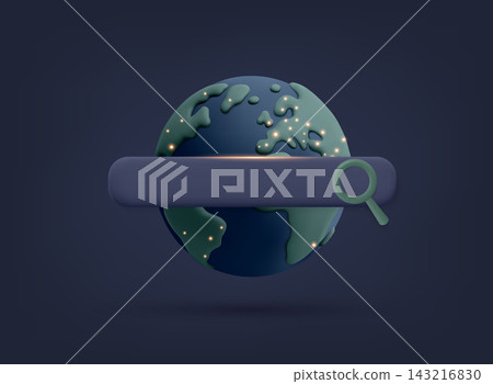 Earth globe with search bar. Global information, online research and web exploration concept. 3D Vector Illustration. Earth globe with search bar. Global information, online research and web exploration concept. 3D Vector Illustration. 143216830