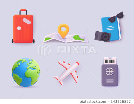 Travel and tourism icon set - suitcase, airplane, globe, map, ticket and passport. Vacation and trip planning concept. Vector Illustration. Travel and tourism icon set - suitcase, airplane, globe, map, ticket and passport. Vacation and trip planning concept. Vector Illustration. 143216832